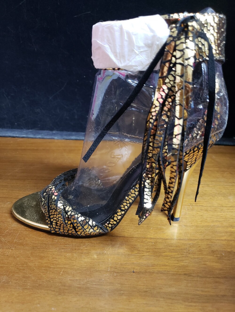 Gold Snake-Print Stiletto Sandals with Ankle Tassels